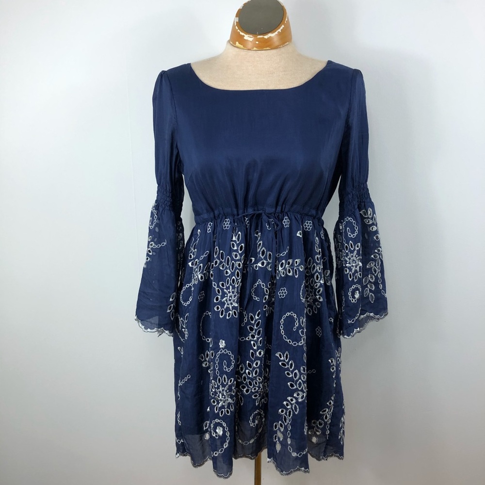 Gracia silk‎ & cotton bell sleeve eyelet midi dress